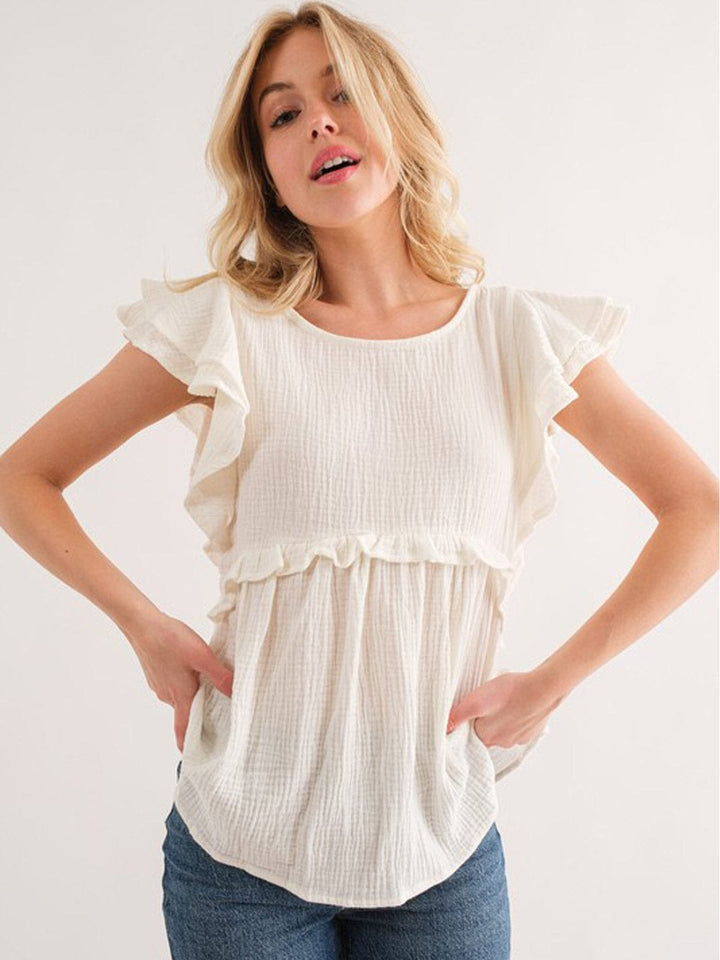 WOMEN'S SHORT RUFFLE SLEEVE BABYDOLL BLOUSE TOP