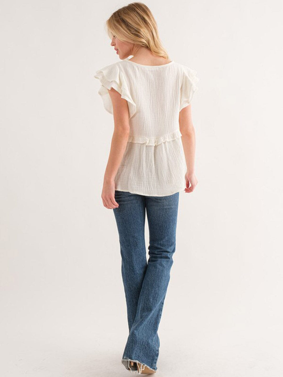 WOMEN'S SHORT RUFFLE SLEEVE BABYDOLL BLOUSE TOP