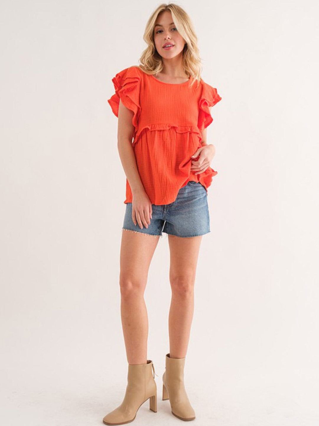 WOMEN'S SHORT RUFFLE SLEEVE BABYDOLL BLOUSE TOP