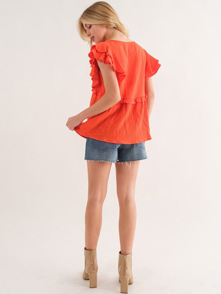 WOMEN'S SHORT RUFFLE SLEEVE BABYDOLL BLOUSE TOP