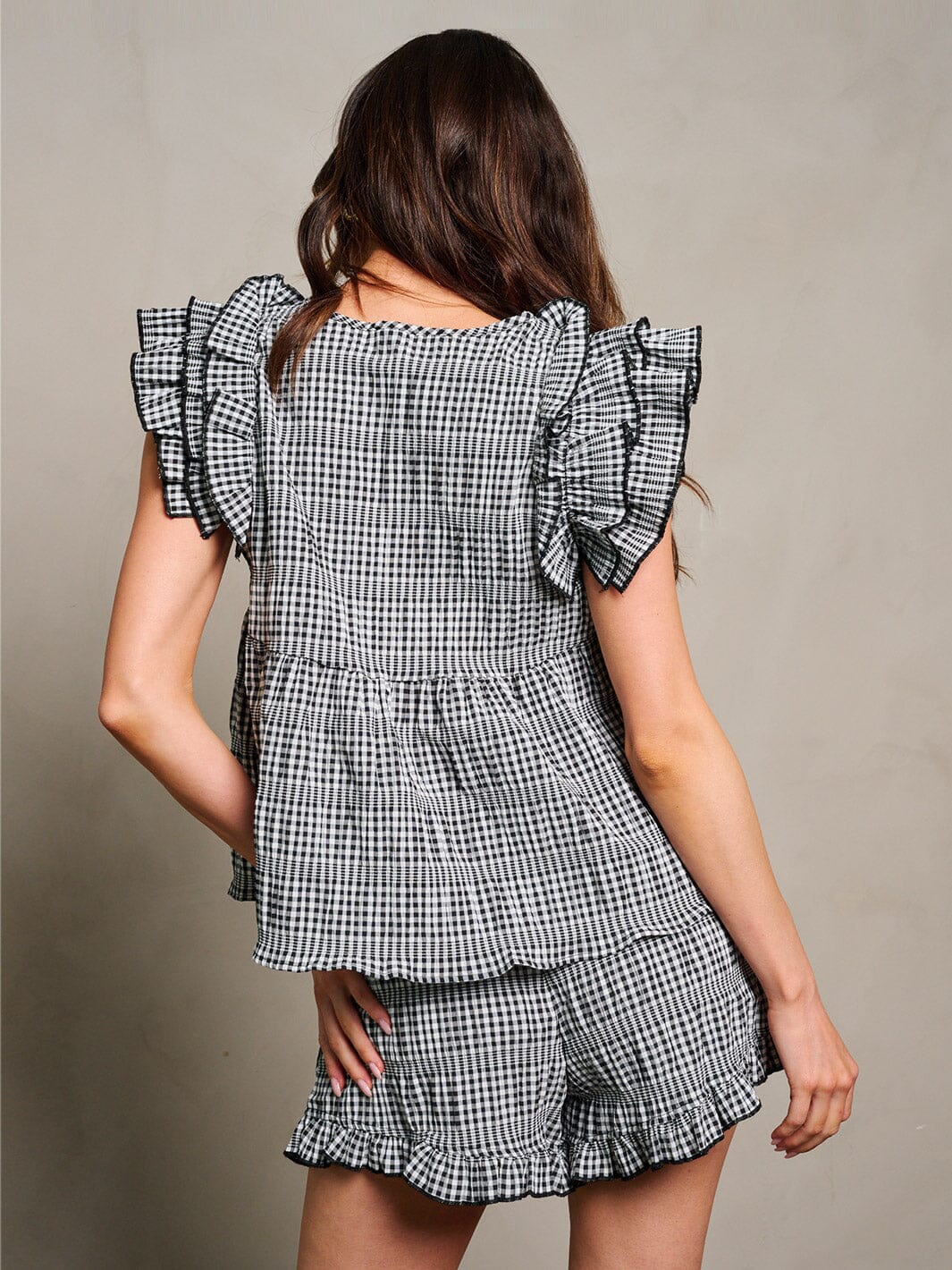 WOMEN'S RUFFLE SLEEVE BLOUSE TOP & ELASTIC WAIST SHORTS PLAID 2PC SET