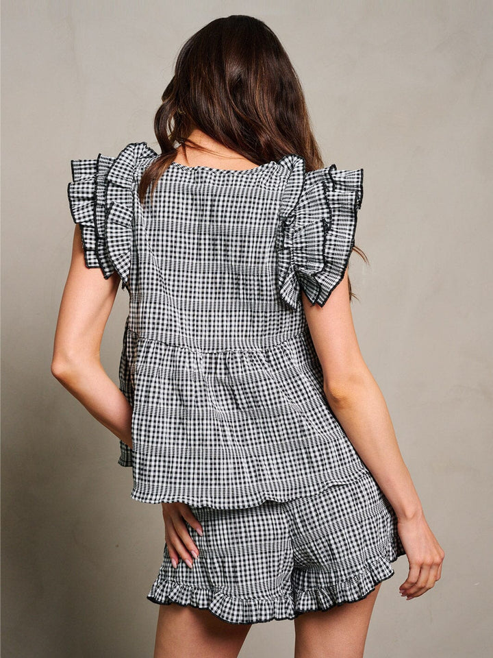 WOMEN'S RUFFLE SLEEVE BLOUSE TOP & ELASTIC WAIST SHORTS PLAID 2PC SET
