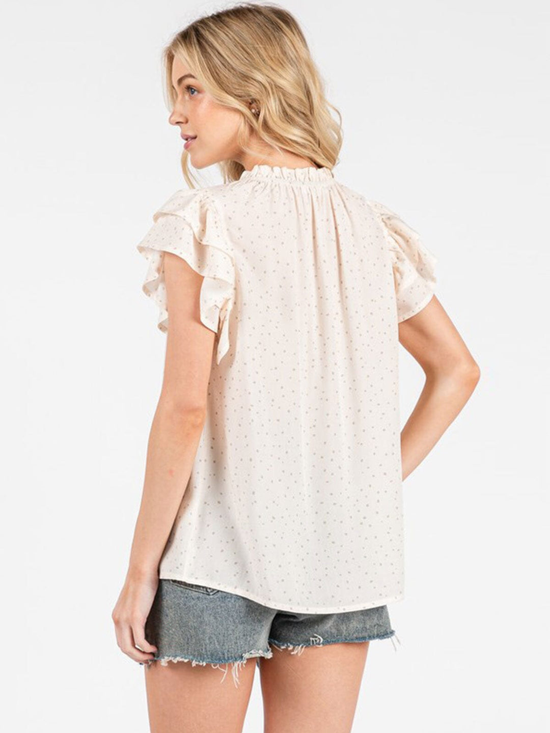 WOMEN'S SHORT RUFFLE SLEEVE V-NECK POLKA DOT BLOUSE