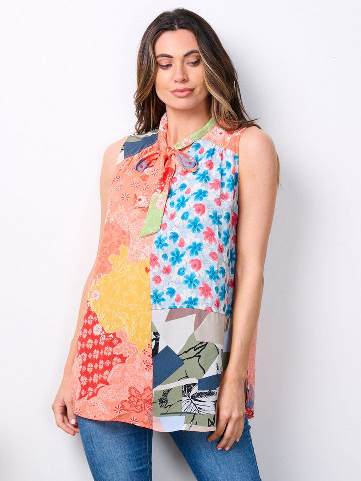 WOMEN'S SLEEVELESS NECK TIE MULTI PRINT TANK TOP
