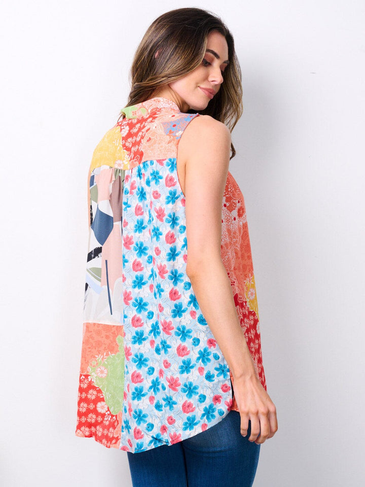 WOMEN'S SLEEVELESS NECK TIE MULTI PRINT TANK TOP