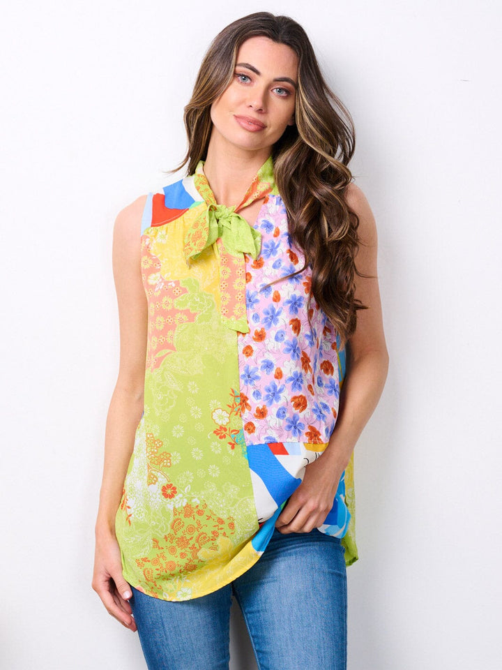 WOMEN'S SLEEVELESS NECK TIE MULTI PRINT TANK TOP