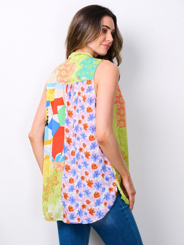 WOMEN'S SLEEVELESS NECK TIE MULTI PRINT TANK TOP