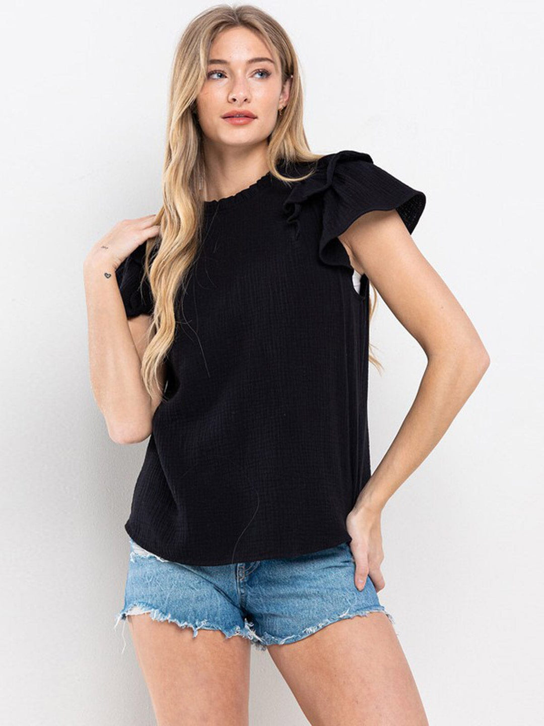 WOMEN'S SHORT RUFFLE SLEEVE MOCK NECK BLOUSE TOP