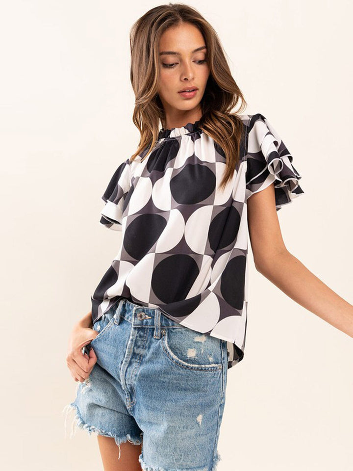 WOMEN'S SHORT SLEEVE MOCK NECK PRINTED BLOUSE TOP