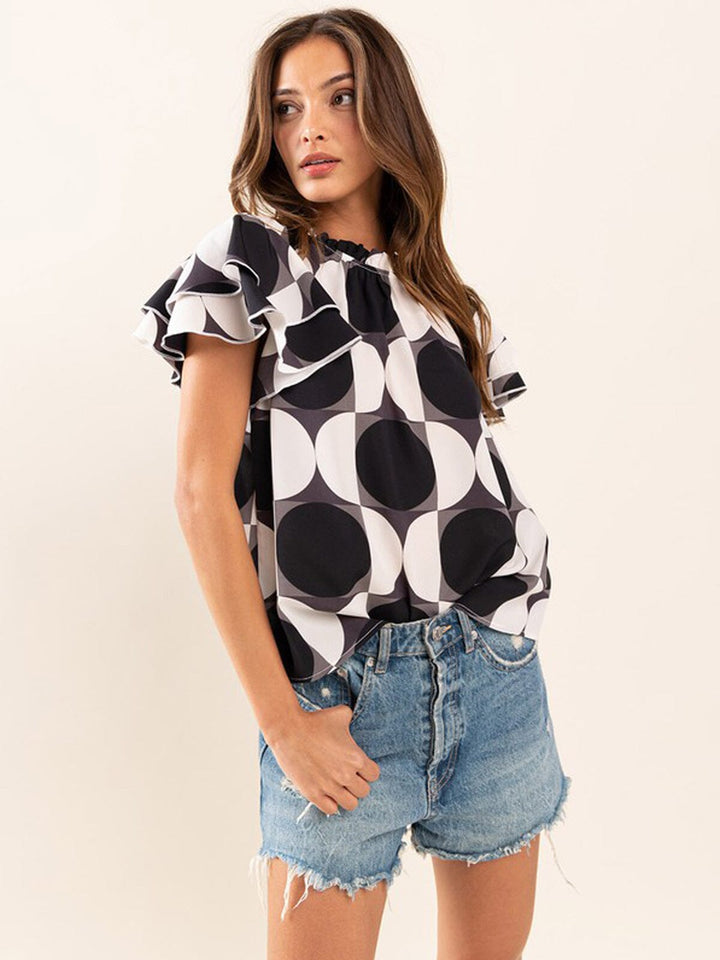 WOMEN'S SHORT SLEEVE MOCK NECK PRINTED BLOUSE TOP