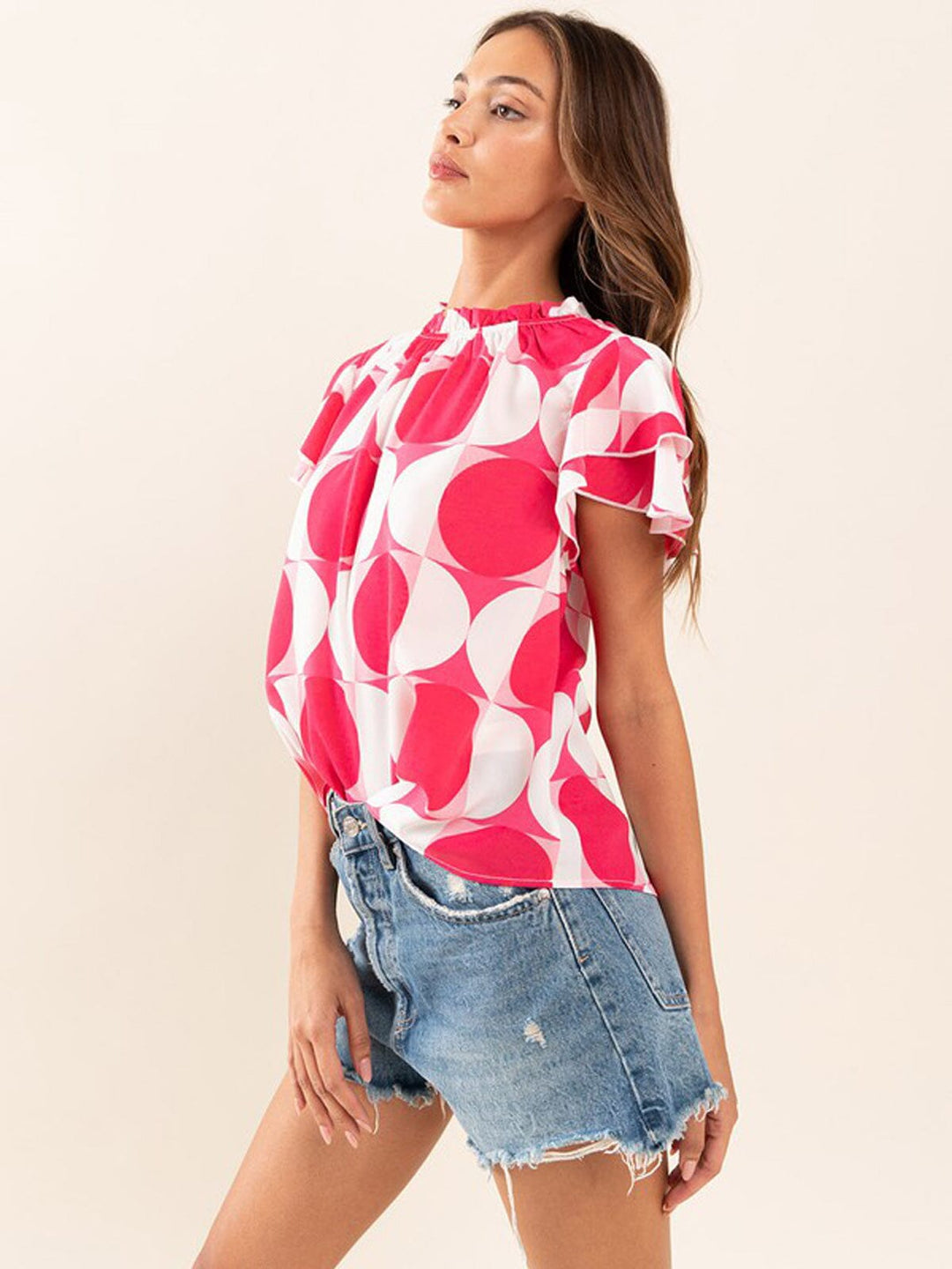 WOMEN'S SHORT SLEEVE MOCK NECK PRINTED BLOUSE TOP