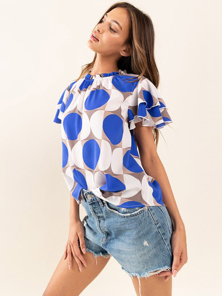 WOMEN'S SHORT SLEEVE MOCK NECK PRINTED BLOUSE TOP
