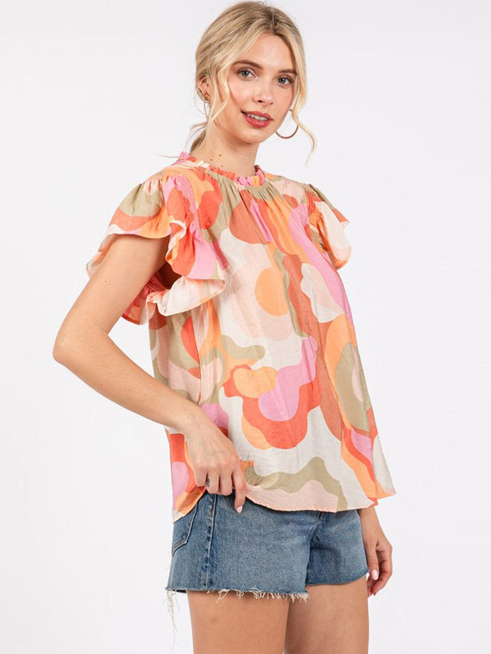 WOMEN'S SHORT RUFFLE SLEEVE MULTI PRINT TUNIC BLOUSE TOP