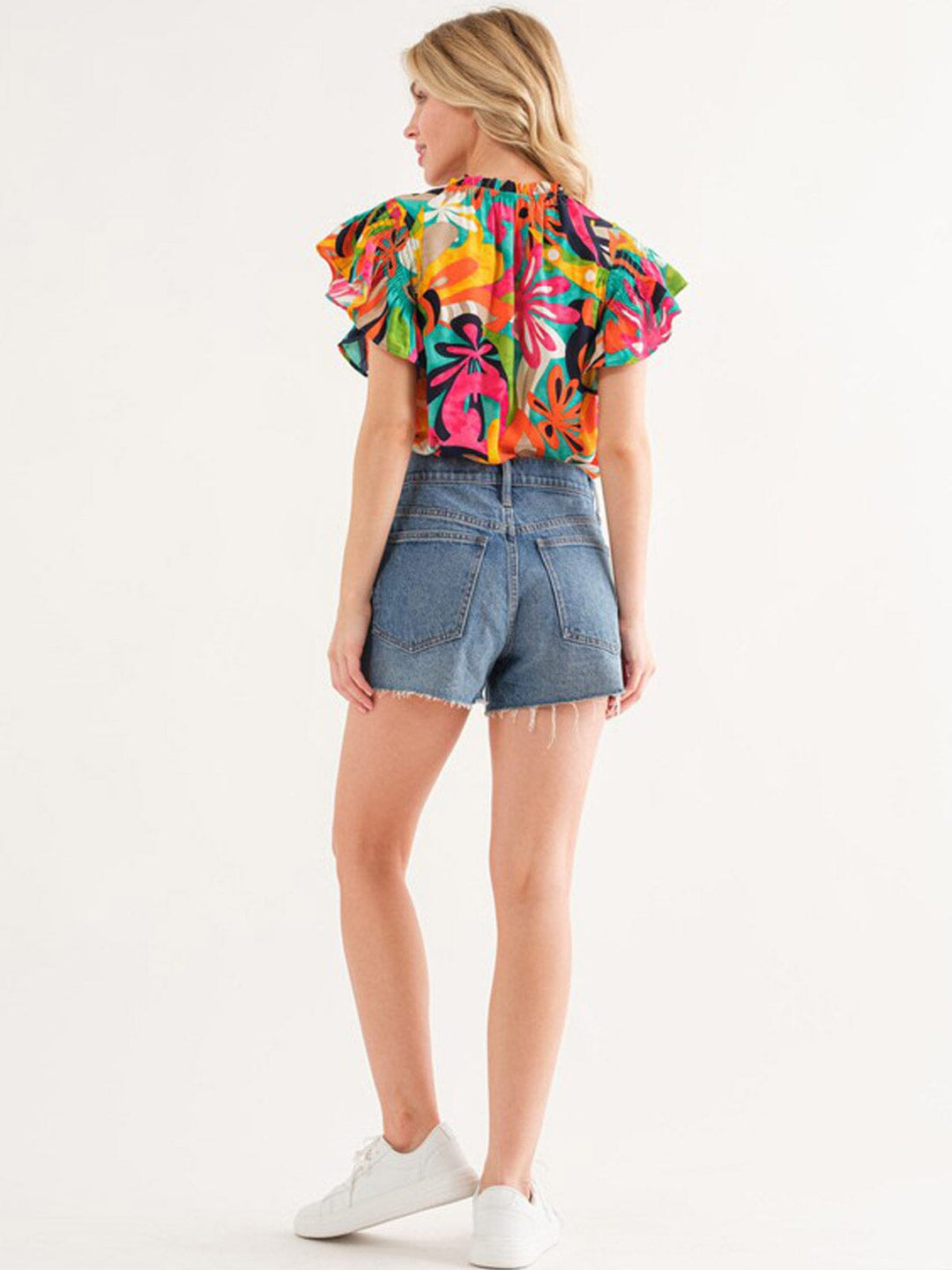 WOMEN'S SHORT RUFFLE SLEEVE MOCK NECK FLORAL BLOUSE TOP
