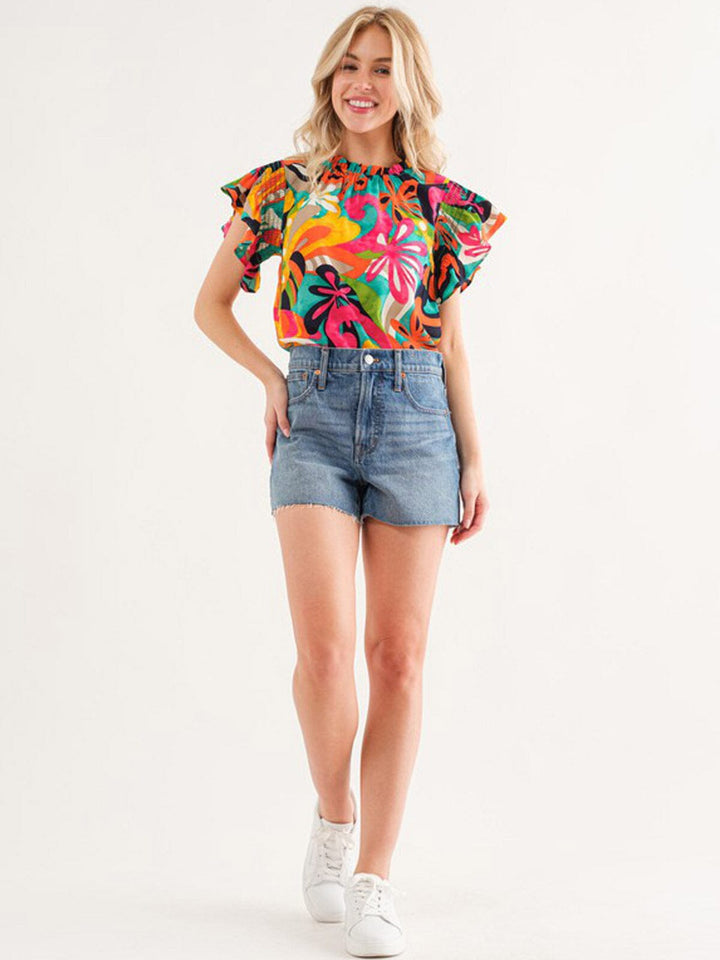 WOMEN'S SHORT RUFFLE SLEEVE MOCK NECK FLORAL BLOUSE TOP