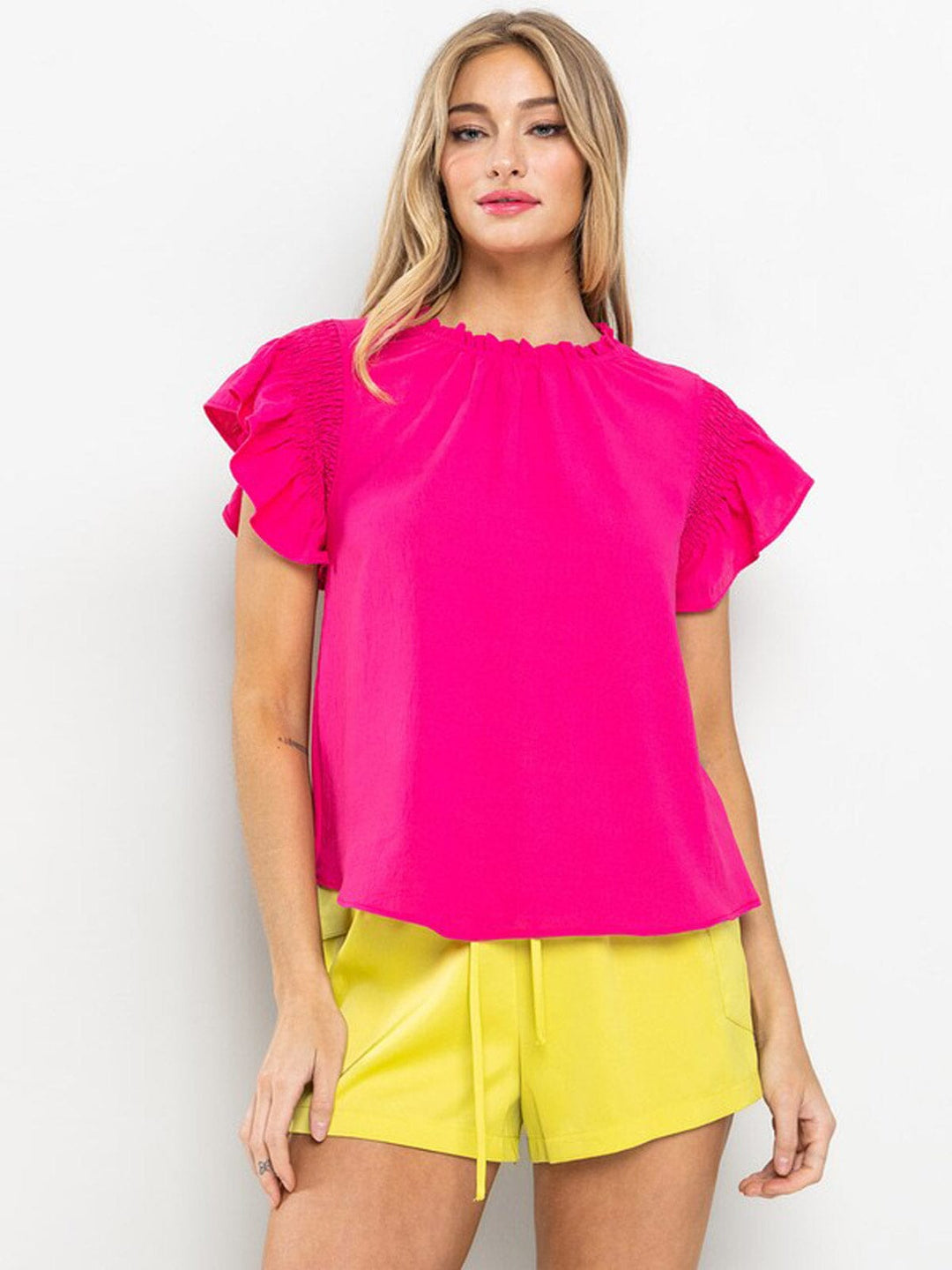 WOMEN'S SHORT RUFFLE SLEEVE TUNIC BLOUSE TOP
