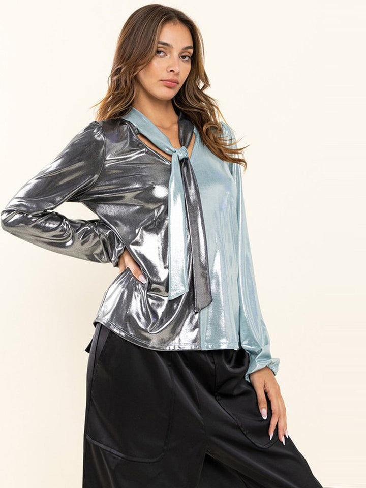 WOMEN'S LONG SLEEVE V-NECK SHIMMER COLORBLOCK BLOUSE TOP