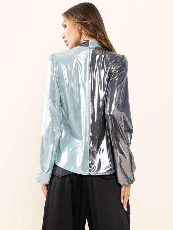 WOMEN'S LONG SLEEVE V-NECK SHIMMER COLORBLOCK BLOUSE TOP