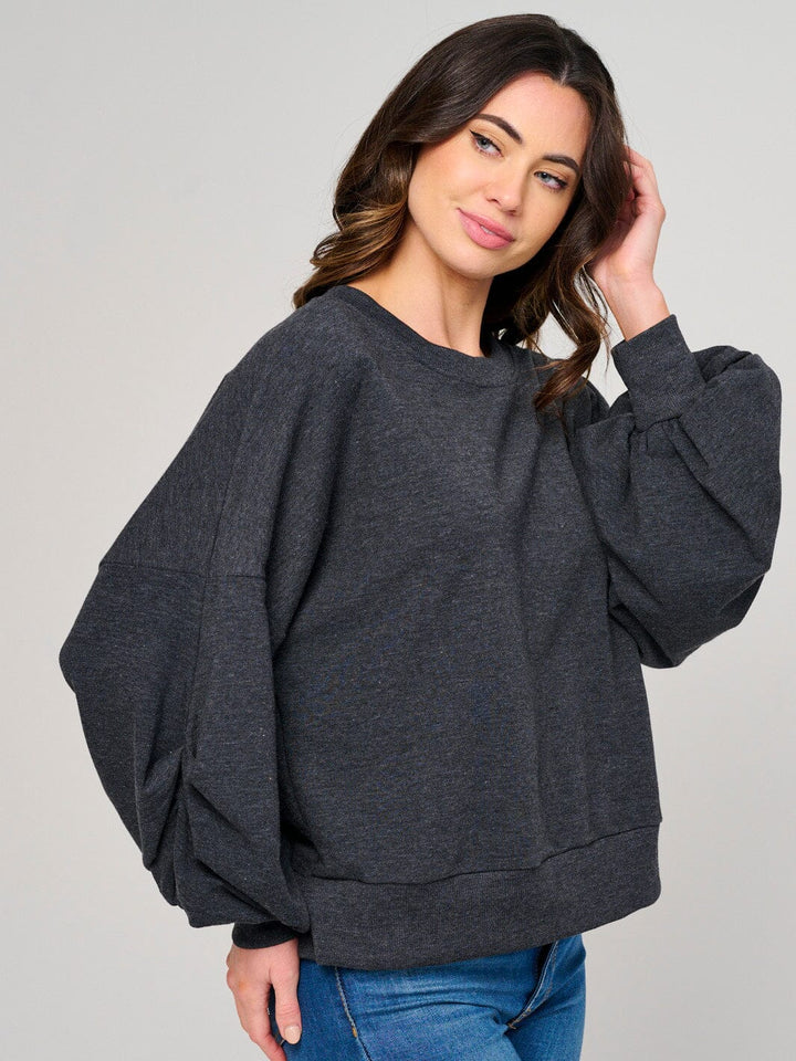 WOMEN'S LONG RUCHED SLEEVE PULLOVER SWEATER