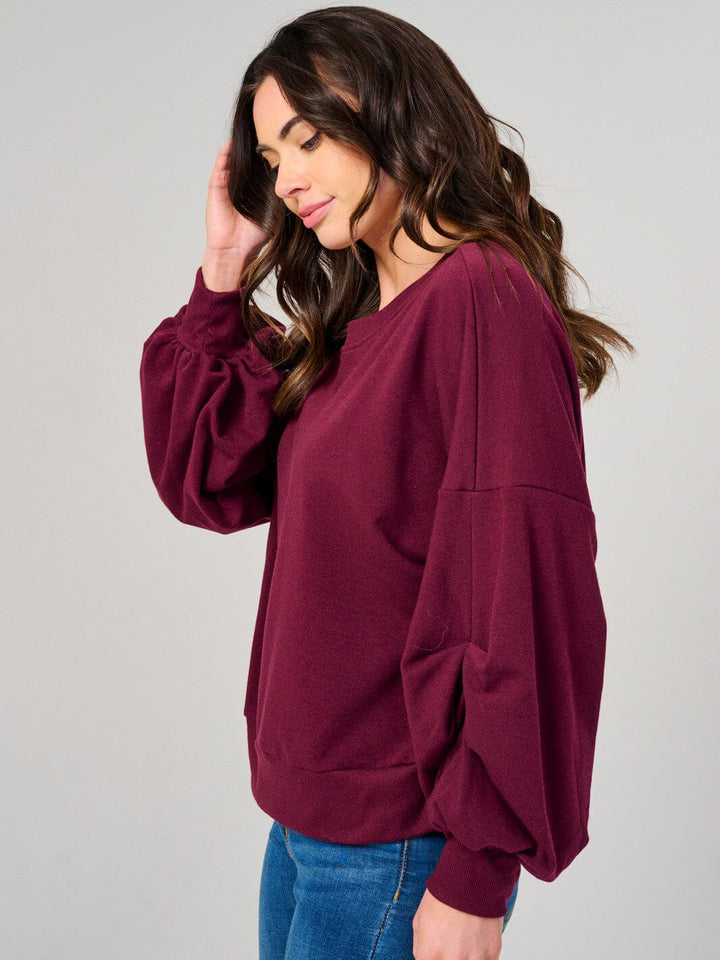 WOMEN'S LONG RUCHED SLEEVE PULLOVER SWEATER