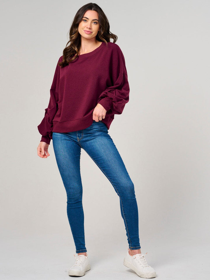 WOMEN'S LONG RUCHED SLEEVE PULLOVER SWEATER