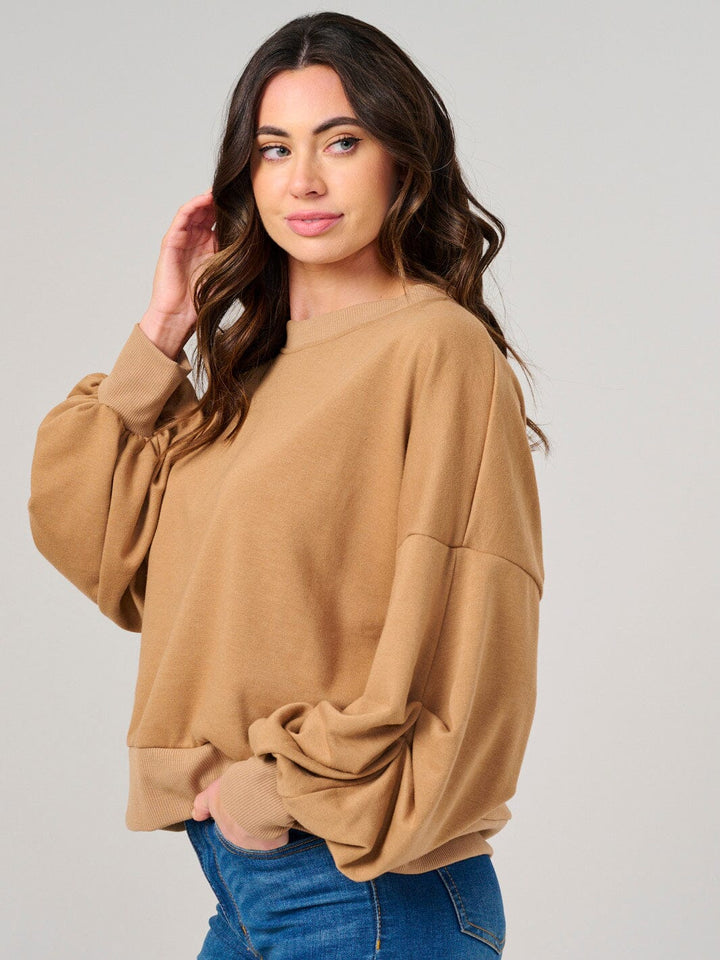 WOMEN'S LONG RUCHED SLEEVE PULLOVER SWEATER