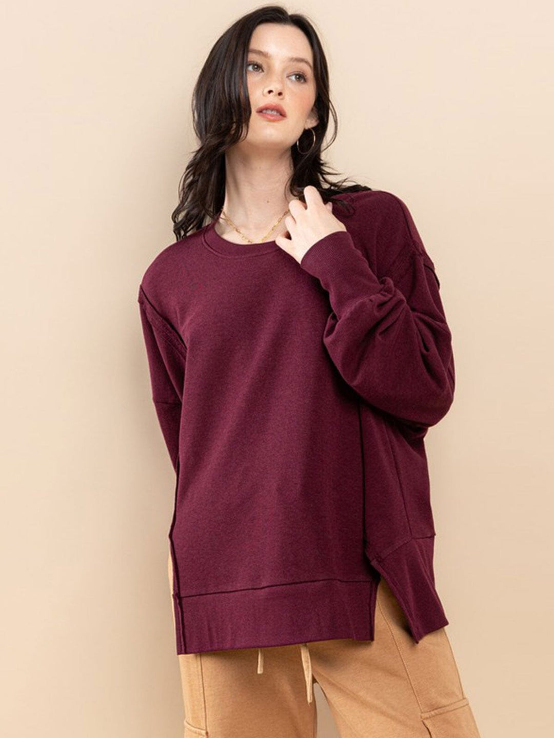 WOMEN'S LONG SLEEVE FRONT SLIT OVERSIZED TOP