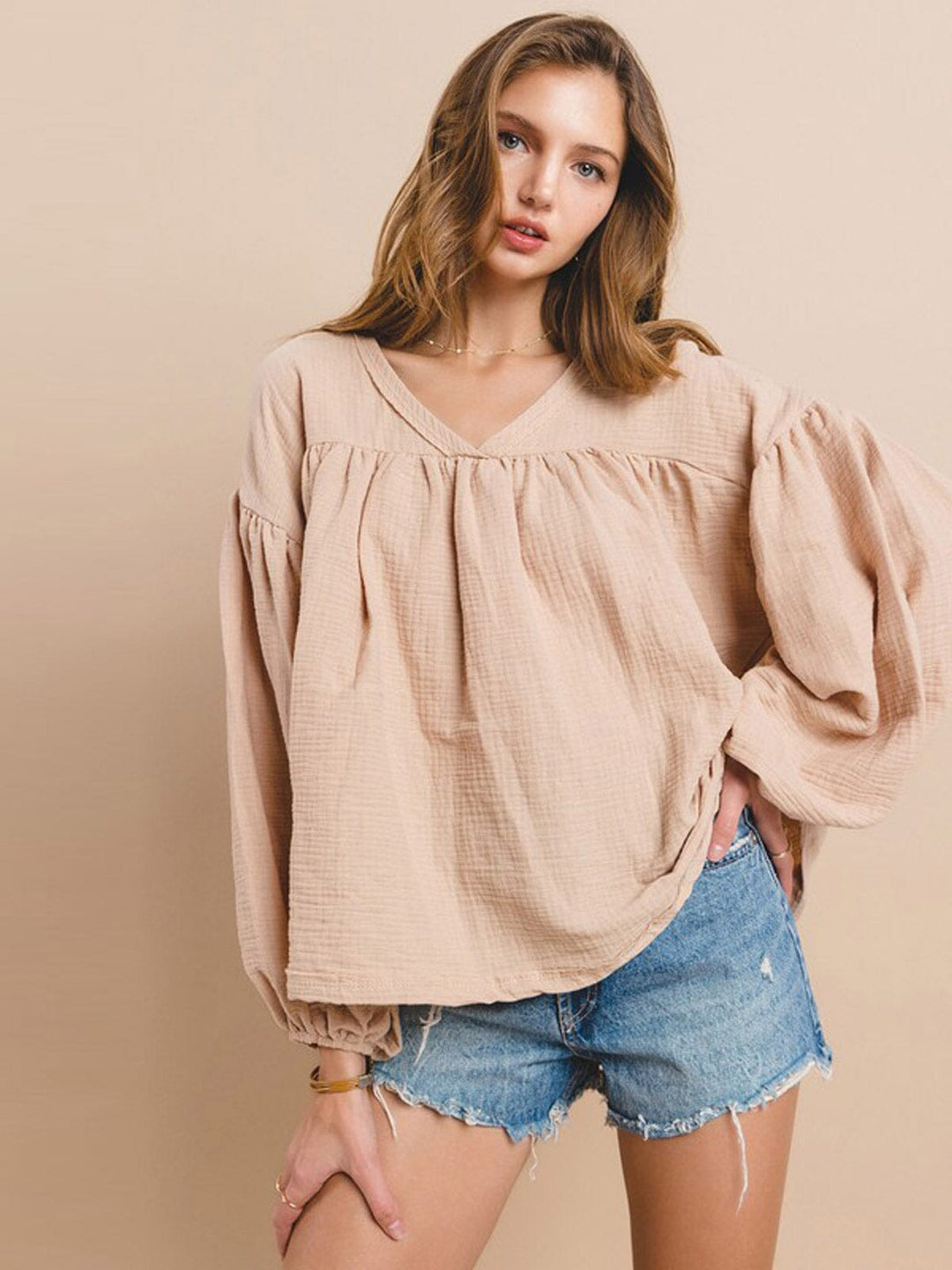 WOMEN'S LONG SLEEVE V-NECK TUNIC BLOUSE TOP