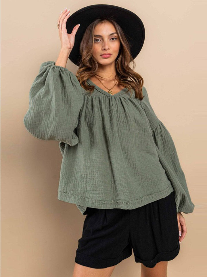 WOMEN'S LONG SLEEVE V-NECK TUNIC BLOUSE TOP