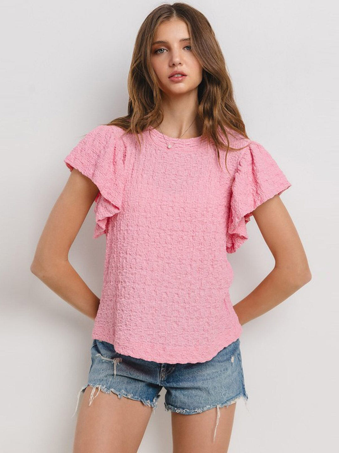 WOMEN'S SHORT RUFFLE SLEEVE WAFFLE DETAILED TUNIC BLOUSE