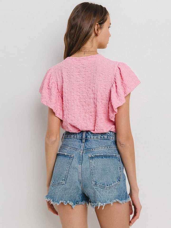 WOMEN'S SHORT RUFFLE SLEEVE WAFFLE DETAILED TUNIC BLOUSE