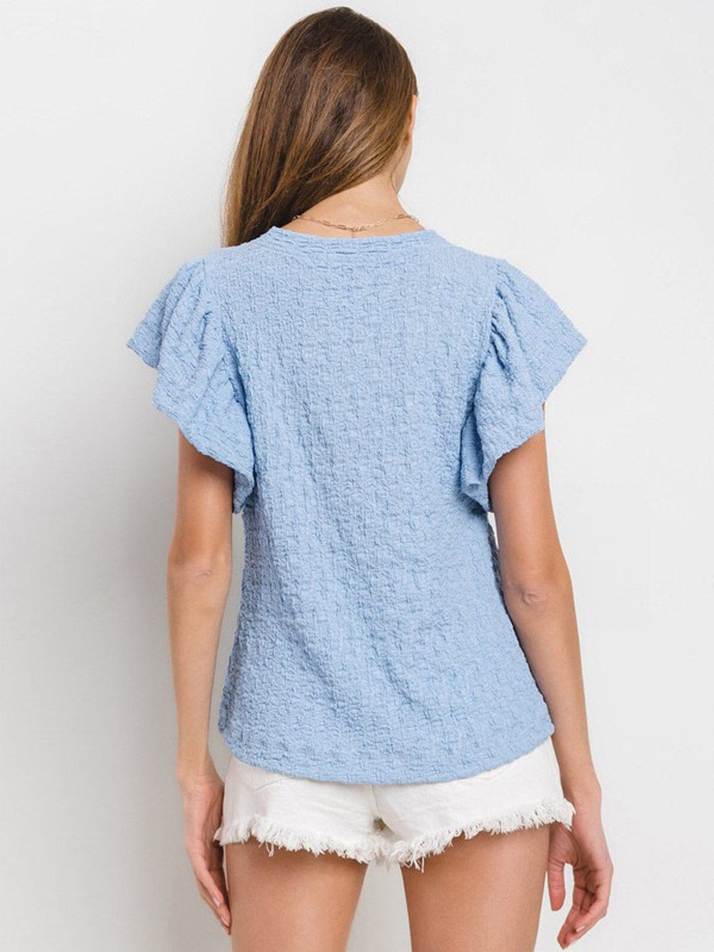 WOMEN'S SHORT RUFFLE SLEEVE WAFFLE DETAILED TUNIC BLOUSE