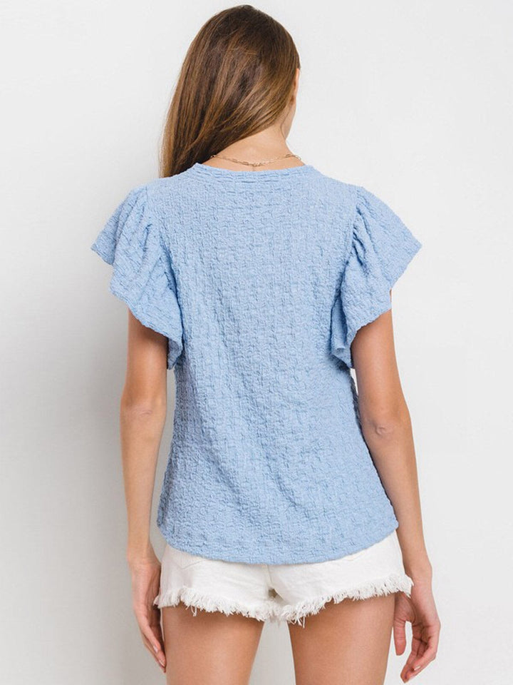 WOMEN'S SHORT RUFFLE SLEEVE WAFFLE DETAILED TUNIC BLOUSE