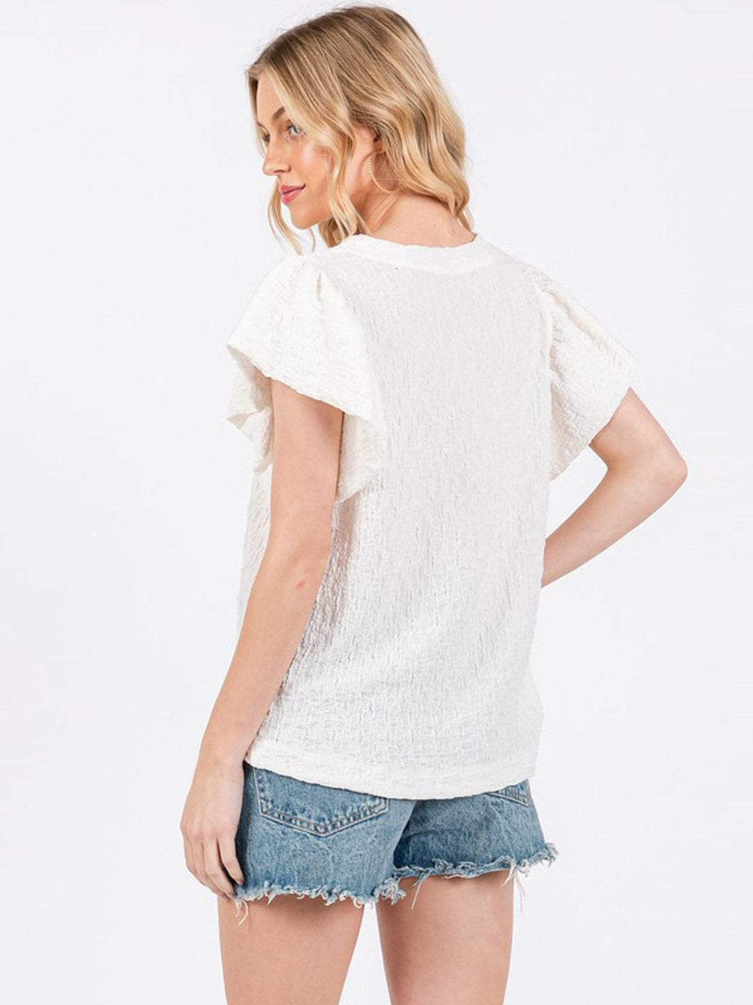 WOMEN'S SHORT RUFFLE SLEEVE WAFFLE DETAILED TUNIC BLOUSE