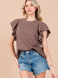 WOMEN'S SHORT RUFFLE SLEEVE RIBBED DETAILED BLOUSE