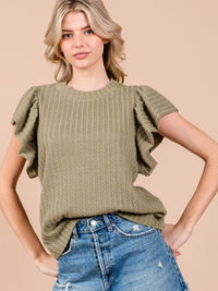 WOMEN'S SHORT RUFFLE SLEEVE RIBBED DETAILED BLOUSE