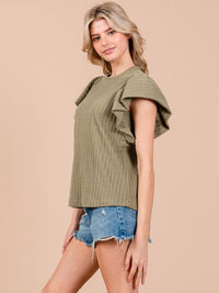 WOMEN'S SHORT RUFFLE SLEEVE RIBBED DETAILED BLOUSE
