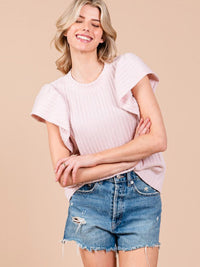 WOMEN'S SHORT RUFFLE SLEEVE RIBBED DETAILED BLOUSE