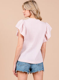 WOMEN'S SHORT RUFFLE SLEEVE RIBBED DETAILED BLOUSE