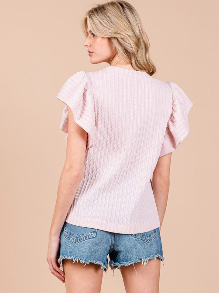 WOMEN'S SHORT RUFFLE SLEEVE RIBBED DETAILED BLOUSE