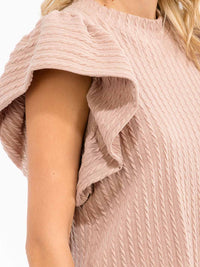 WOMEN'S SHORT RUFFLE SLEEVE RIBBED DETAILED BLOUSE