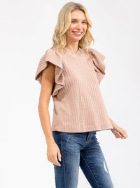 WOMEN'S SHORT RUFFLE SLEEVE RIBBED DETAILED BLOUSE
