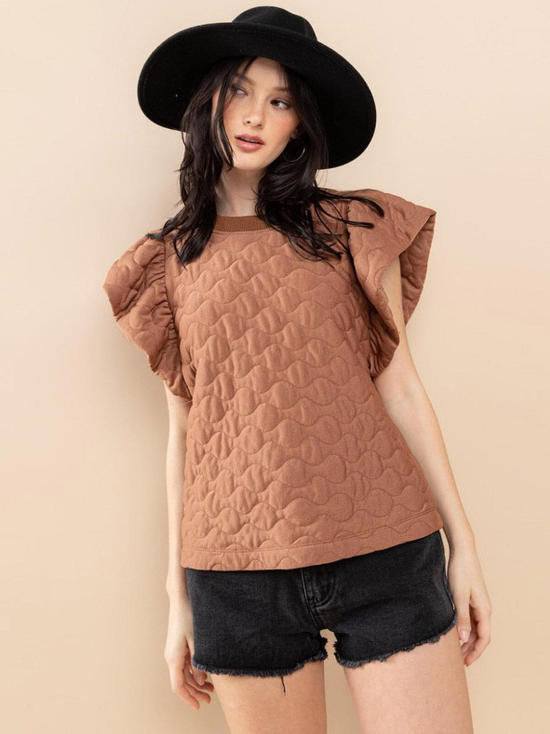 WOMEN'S SHORT RUFFLE SLEEVE WAFFLE DETAILED BLOUSE