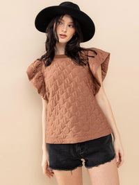 WOMEN'S SHORT RUFFLE SLEEVE WAFFLE DETAILED BLOUSE