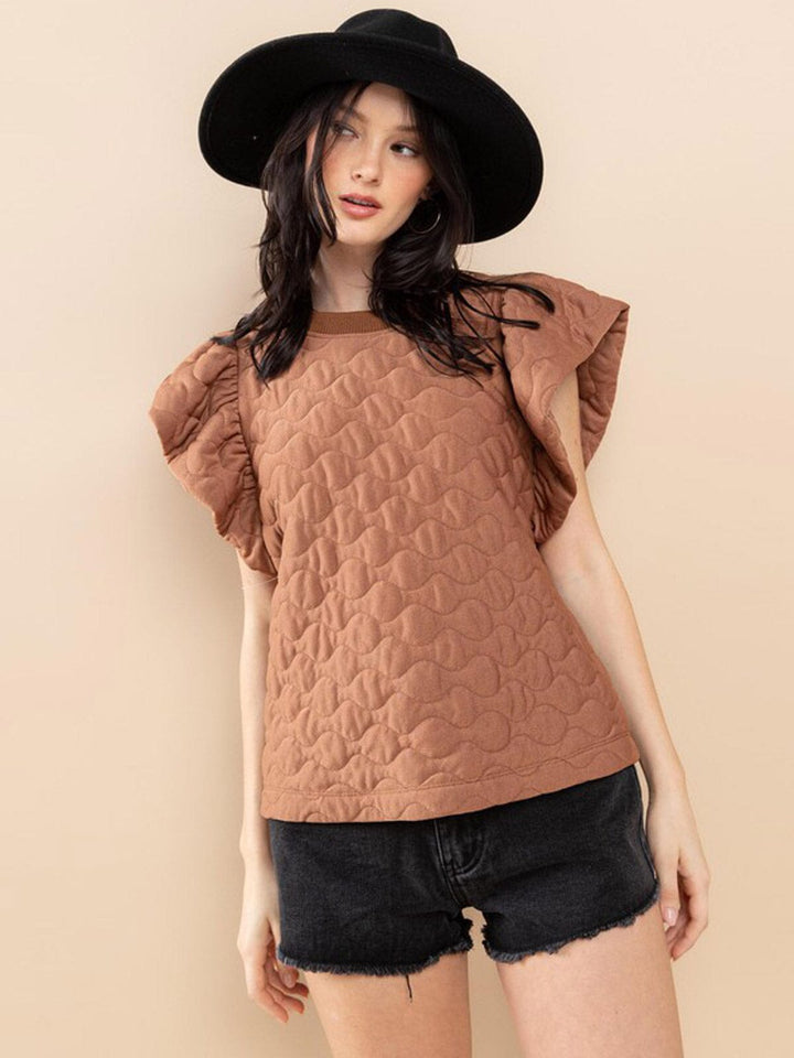 WOMEN'S SHORT RUFFLE SLEEVE WAFFLE DETAILED BLOUSE
