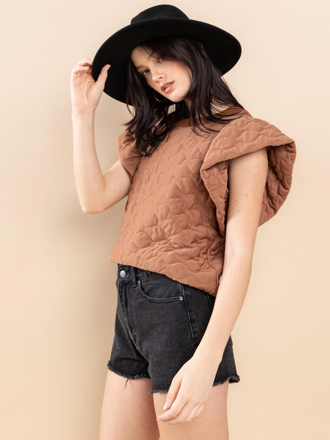 WOMEN'S SHORT RUFFLE SLEEVE WAFFLE DETAILED BLOUSE
