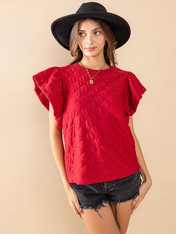WOMEN'S SHORT RUFFLE SLEEVE WAFFLE DETAILED BLOUSE