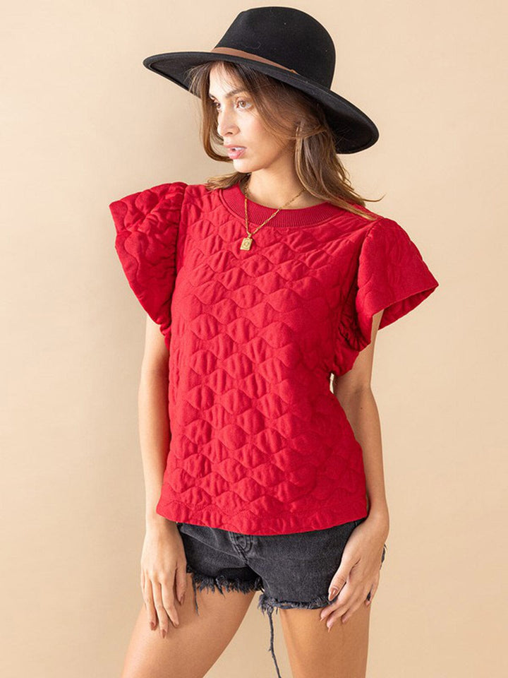 WOMEN'S SHORT RUFFLE SLEEVE WAFFLE DETAILED BLOUSE