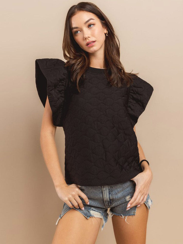 WOMEN'S SHORT RUFFLE SLEEVE WAFFLE DETAILED BLOUSE