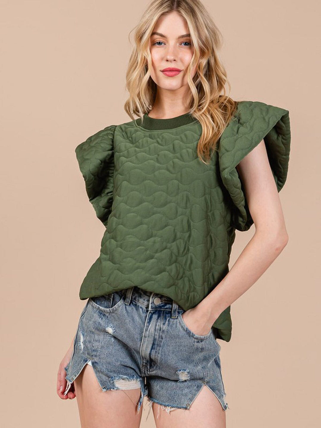 WOMEN'S SHORT RUFFLE SLEEVE WAFFLE DETAILED BLOUSE